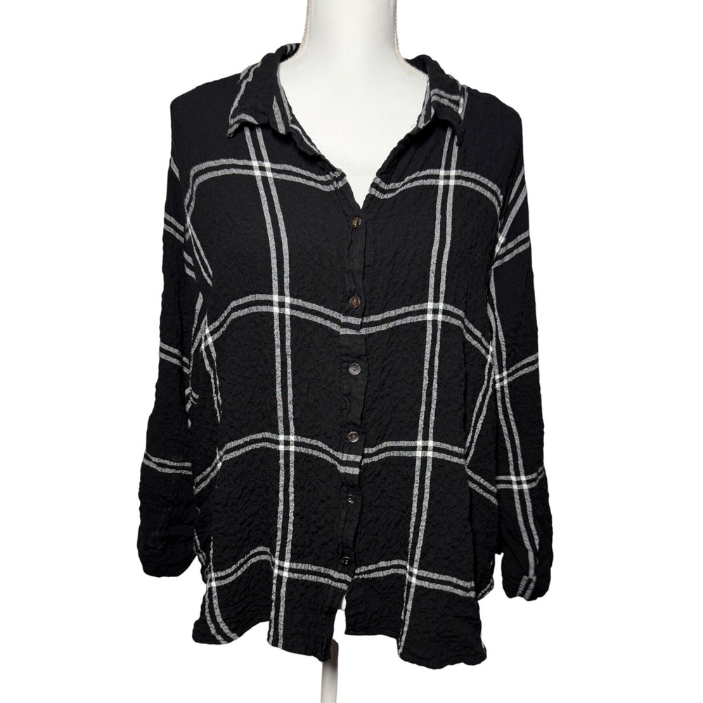 Jane + Delancey Plaid Windowpane Button Down Shirt 3X Black Excellent Crinkle